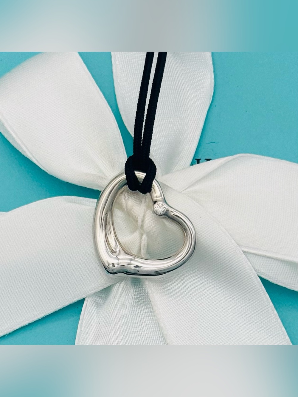 Tiffany & Co. Large 27mm Elsa Pieretti Diamond Open Heart Silk Cord Necklace 16”